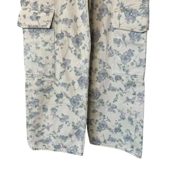 Ganni NEW Tofu Print Denim Angie Ivory Floral Wide Leg Cargo Denim Pant Size 30 - Picture 5 of 10